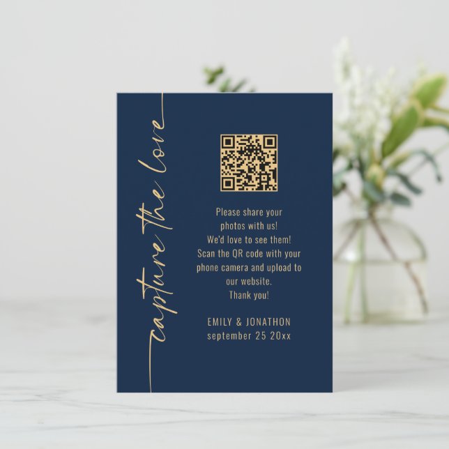 Capture the Love QR Code Navy Gold Wedding Card (Standing Front)