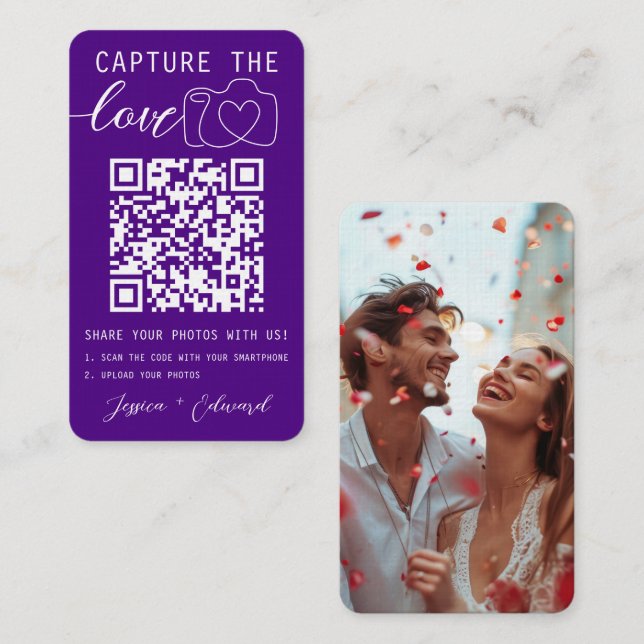 Capture The Love Qr Code Photo Indigo Violet White Place Card (Front/Back)