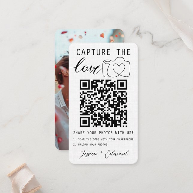 Capture The Love Qr Code Photo Modern Wedding Place Card (Front/Back In Situ)