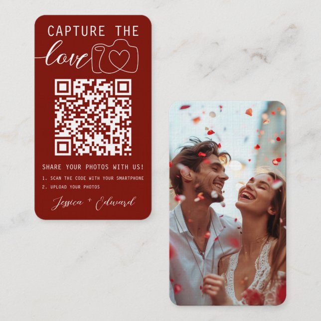 Capture The Love Qr Code Photo Red White Wedding Place Card (Front/Back)