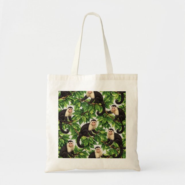 Capuchin Monkeys in Tropical Leaves Jungle Pattern Tote Bag (Front)