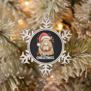 Capy Christmas Xmas Santa Hat Capybara Rodent Snowflake Pewter Christmas Ornament