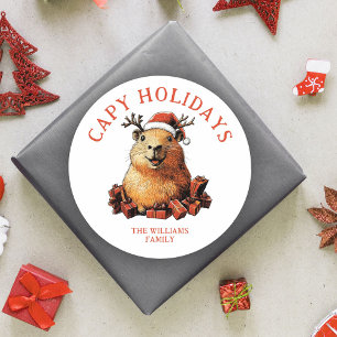 Capy Holidays Cute Fun Capybara Merry Christmas  Classic Round Sticker