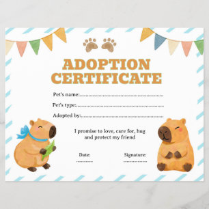 Capybara adopt a pet certificate editable flyer