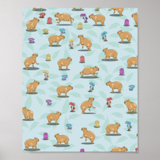 Capybara and mushroom pattern poster