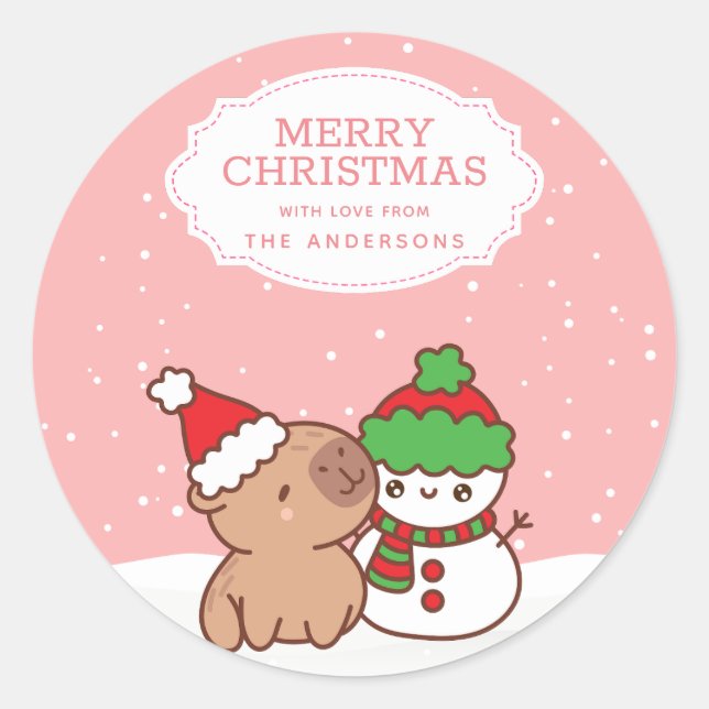 Capybara And Snowman Cute Merry Christmas Classic Round Sticker (Front)