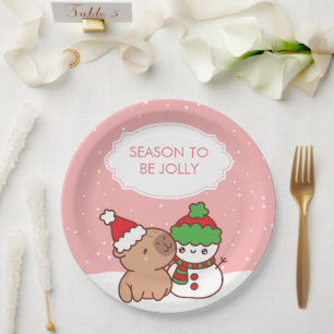 Capybara And Snowman Season To Be Jolly Cute Paper Plate
