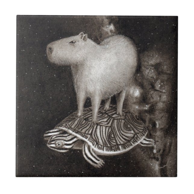 Capybara and Terrapin flying through space drawing Tile (Front)