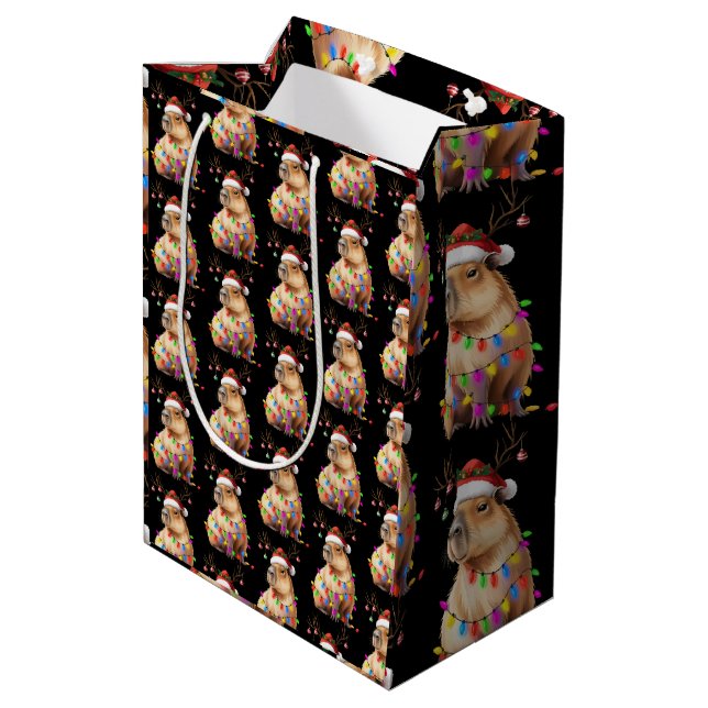 Capybara Animal Lover Christmas Lights Cappy Xmas Medium Gift Bag (Back Angled)