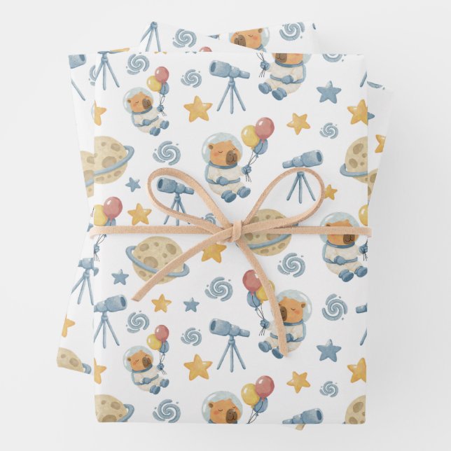 Capybara Astronaut Pattern - Wrapping Paper Sheets (In situ)