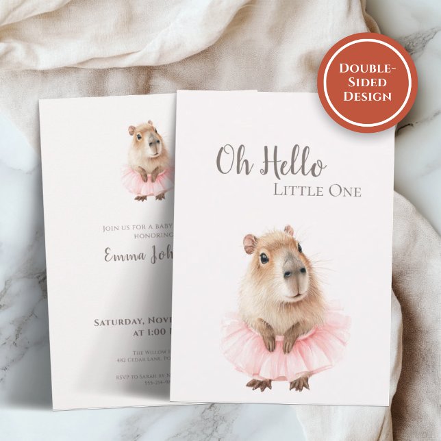 Capybara Baby Shower Invitation (soft baby shower invite with watercolor capybara in pink tutu on light table background)