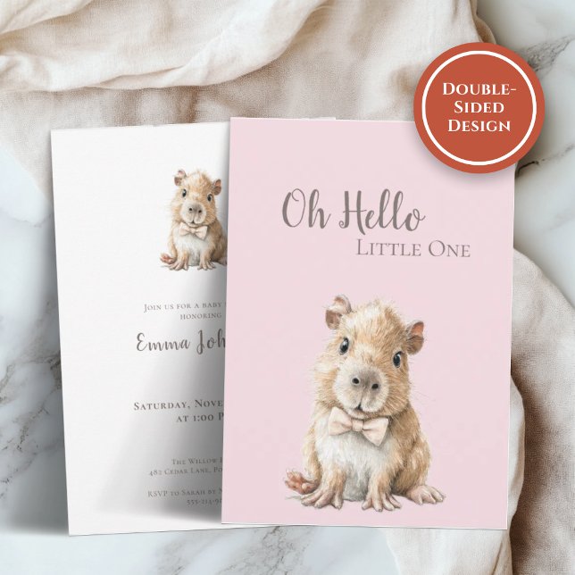 Capybara Baby Shower Invitation (soft baby shower invitation mockup with front and back cards on fabric and marble background)