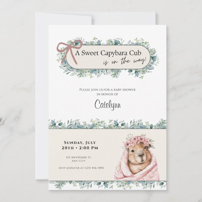 Capybara Baby Shower Invitation • Greenery Theme (Front)