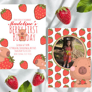 Capybara Berry First Birthday Photo Invitation