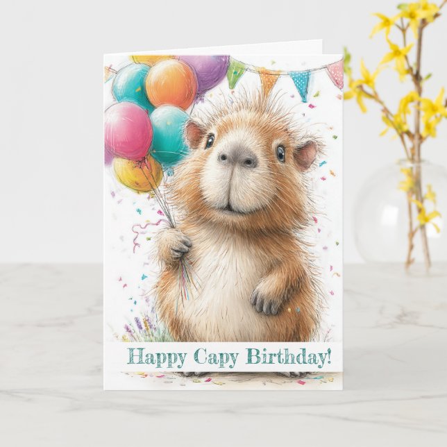 Capybara Birthday Card • Cute Balloon Design (Yellow Flower)