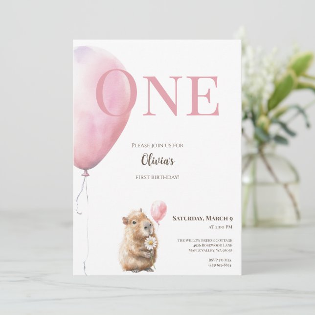 Capybara Birthday Invitation • Pink Balloon (Standing Front)