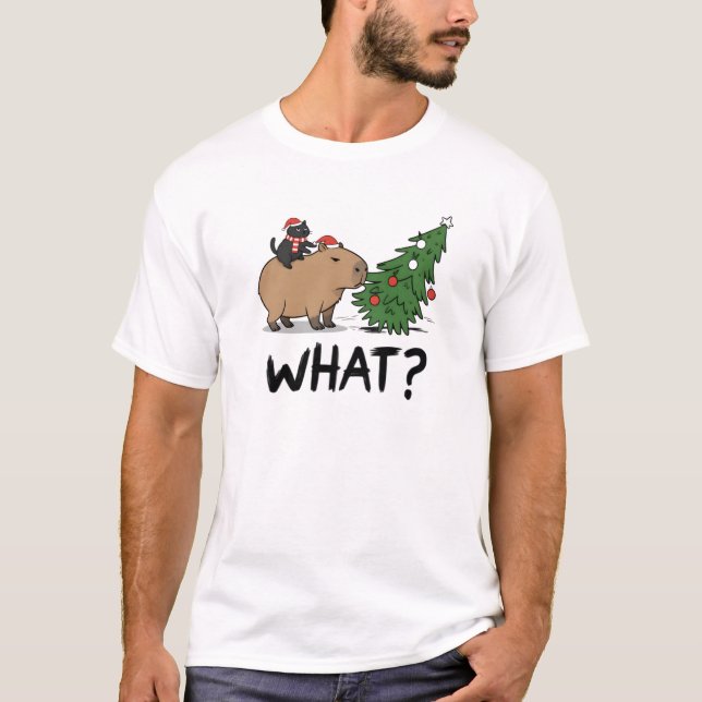 Capybara Black Cat Christmas WHAT Meme Gift T-Shirt (Front)