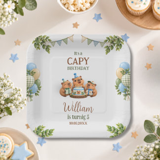 Capybara Capy Party Cute Blue Kawaii Boy Birthday Paper Plate