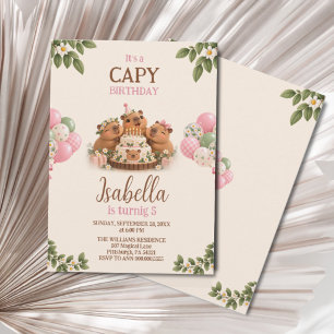 Capybara Capy Party Cute Pink Kawaii Girl Birthday Invitation