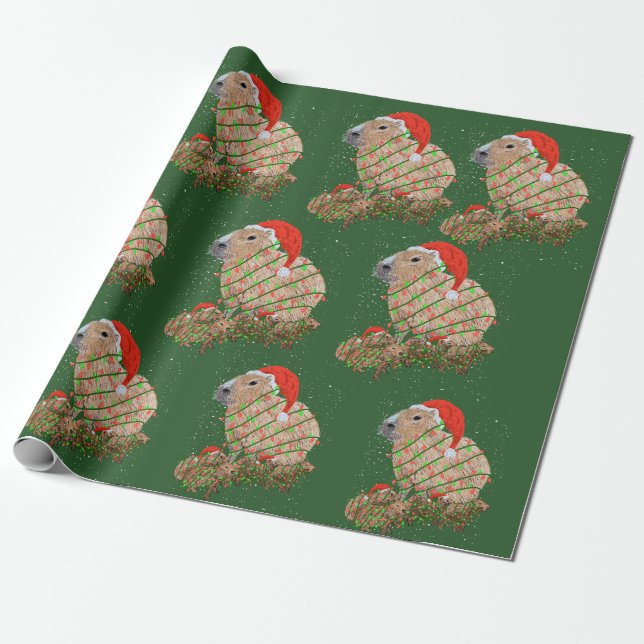 Capybara Christmas Family Wrapped in Holiday Light Wrapping Paper (Unrolled)