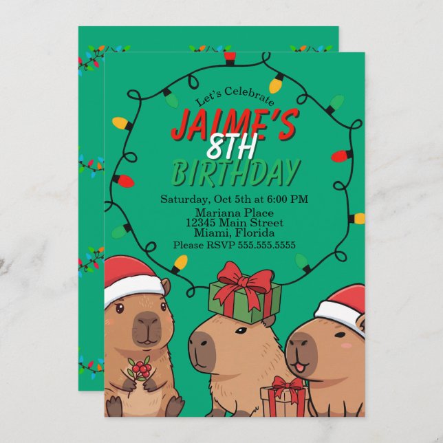 Capybara Christmas Lights Birthday Party  Invitation (Front/Back)