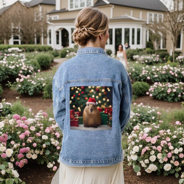 "Capybara Claus: A Festive Bokeh Wonderland" Denim Jacket (Wedding Back)