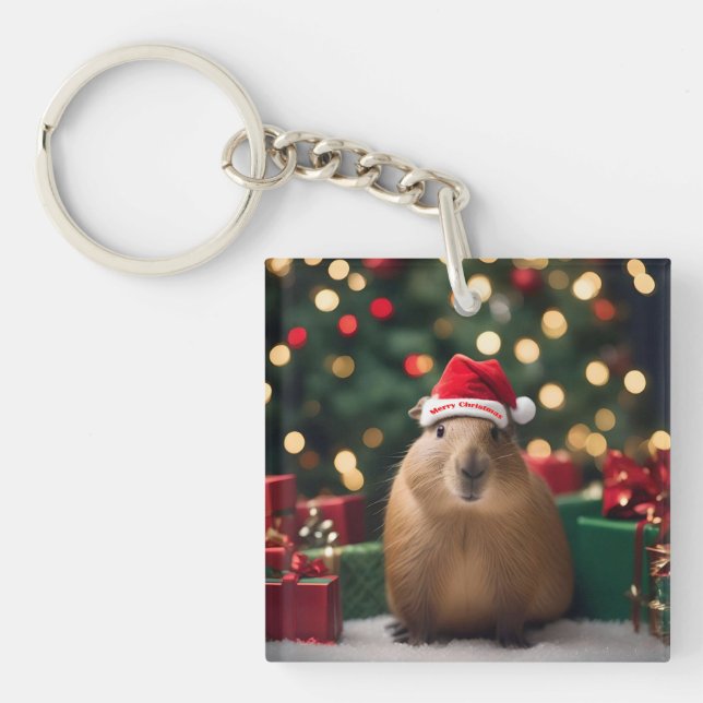 "Capybara Claus: A Festive Bokeh Wonderland" Key Ring (Front)