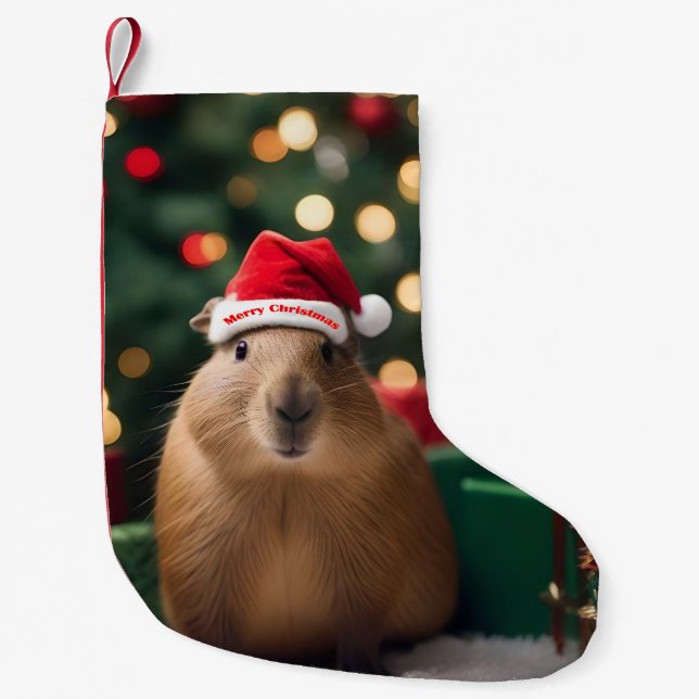 "Capybara Claus: A Festive Bokeh Wonderland" Small Christmas Stocking (Front)