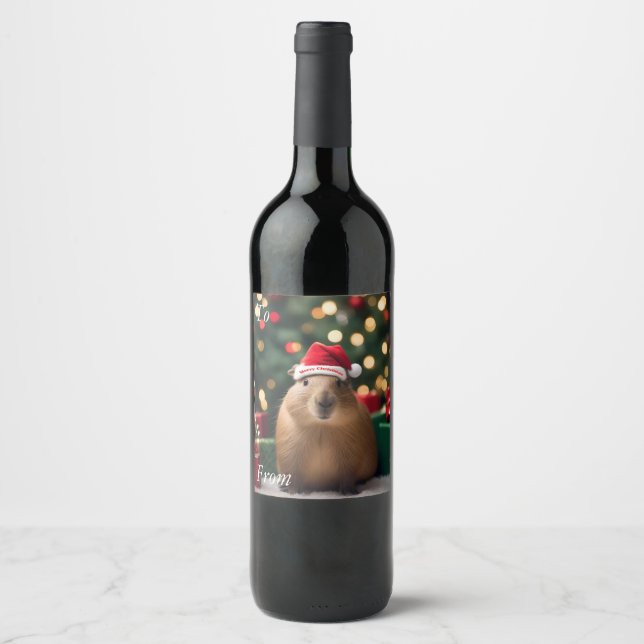 "Capybara Claus: A Festive Bokeh Wonderland" Wine Label (Front)