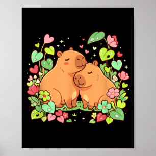 Capybara Couple Cute Valentines Day Floral Heart Poster