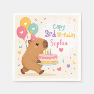 Capybara Cute Girl Capy 3rd Birthday Pink Cake  Napkin