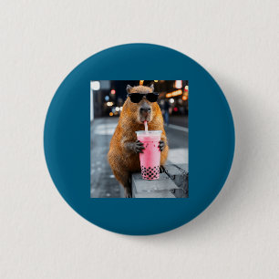 Capybara drinking iced boba tea funny animal meme 6 cm round badge