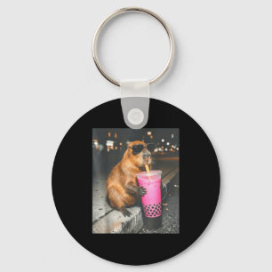 Capybara drinking iced boba tea funny animal meme key ring