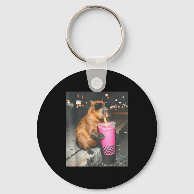 Capybara drinking iced boba tea funny animal meme key ring (Front)