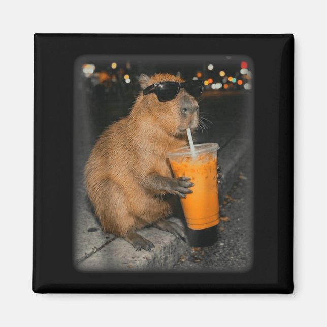 Capybara drinking iced coffee funny animal meme  magnet (Front)