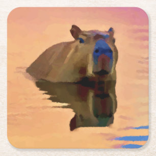 Capybara Emerging From a Tranquil Lake Art Square Paper Coaster