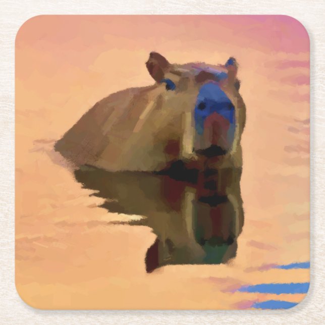 Capybara Emerging From a Tranquil Lake Art Square Paper Coaster (Front)