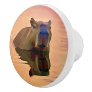 Capybara Emerging From a Tranquil Lake Ceramic Knob