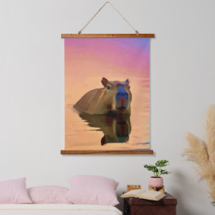 Capybara Emerging From a Tranquil Lake Hanging Tapestry