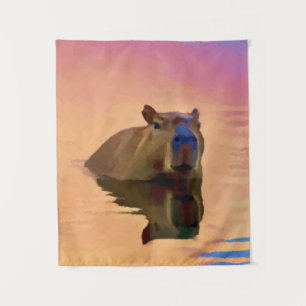 Capybara Emerging From a Tranquil Lake Tapestry