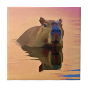 Capybara Emerging From a Tranquil Lake Tile