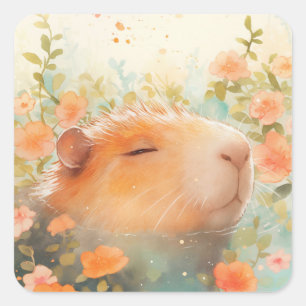 Capybara Floating Among Wild Blooms Square Sticker