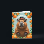Capybara Funny Happy Birthday Card<br><div class="desc">Say “Capy Birthday” in the cutest way possible! This charming card features a smiling cartoon capybara wearing a stylish black hat, surrounded by a cheerful border of bright oranges. The fresh, colorful design is perfect for animal lovers and fruit fans alike. Whether you’re celebrating a friend, family member, or coworker,...</div>