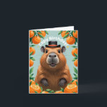 Capybara Funny Happy Birthday Card<br><div class="desc">Say “Capy Birthday” in the cutest way possible! This charming card features a smiling cartoon capybara wearing a stylish black hat, surrounded by a cheerful border of bright oranges. The fresh, colorful design is perfect for animal lovers and fruit fans alike. Whether you’re celebrating a friend, family member, or coworker,...</div>