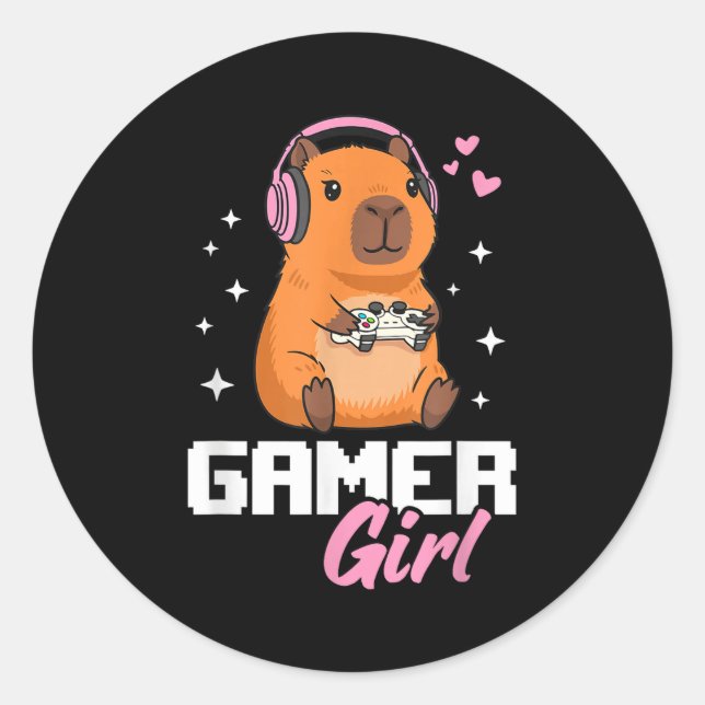 Capybara Gamer Girl Gaming  Classic Round Sticker (Front)