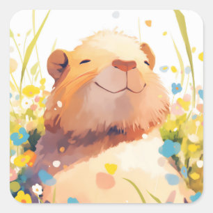 Capybara Grassy Naptime Square Sticker