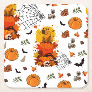 Capybara Halloween.  Witch Pumpkin.  Square Paper Coaster