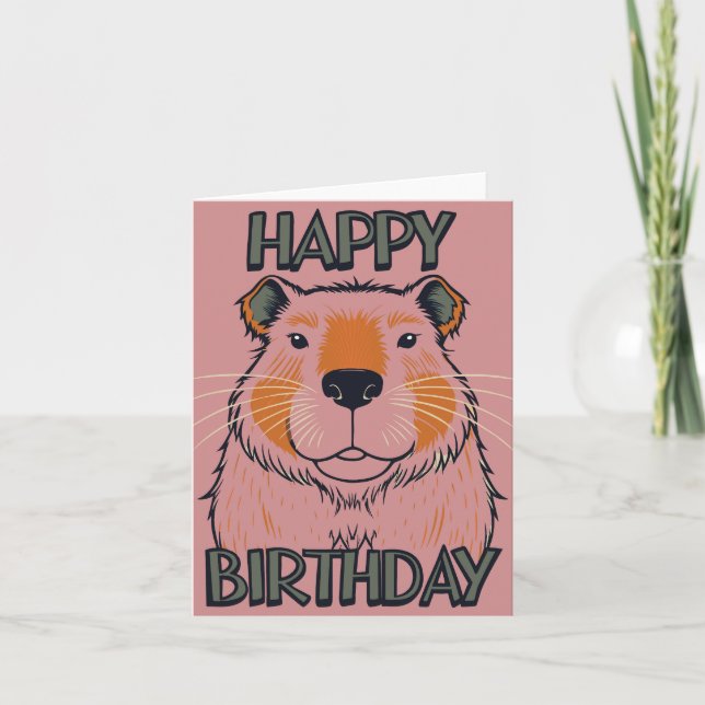 Capybara Happy Birthday Pink Retro Holiday Card (Front)