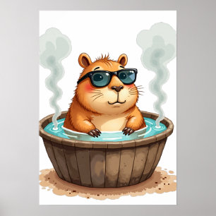 Capybara Hot Tub Relaxation Zen Sticker Poster