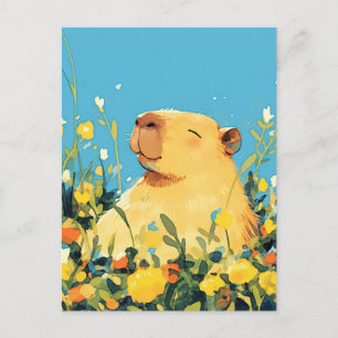 Capybara in Yellow Wildflower Summer Meadow Postcard